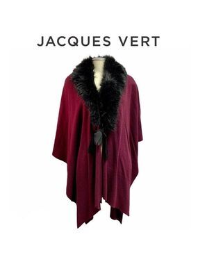 Jacques Vert plum burgundy Wool Cashmere Poncho cape shawl faux fur trim ribbon